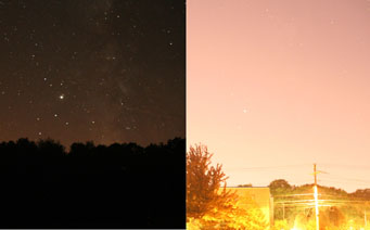 Here's the same piece of sky shot with identical camera settings at a rural site (left) and in a city. The Milky Way is completely overwhelmed by skyglow at the brighter site.